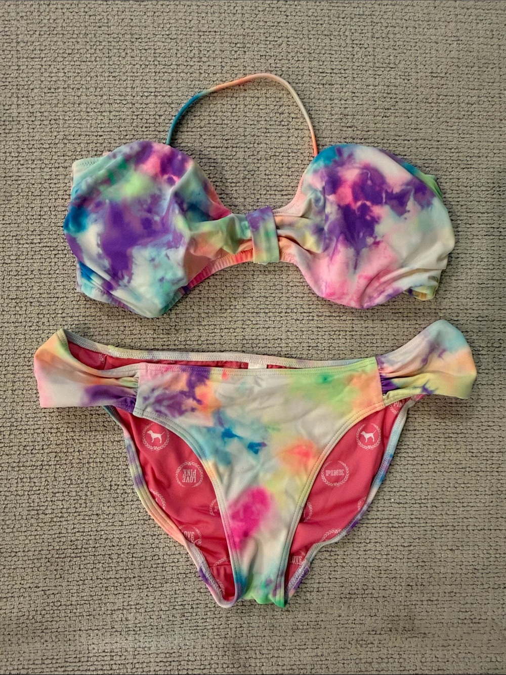 PINK Victoria's Secret Girls' Tie-Dye Bandeau Bikini — Purple, Pink, Blue, Green